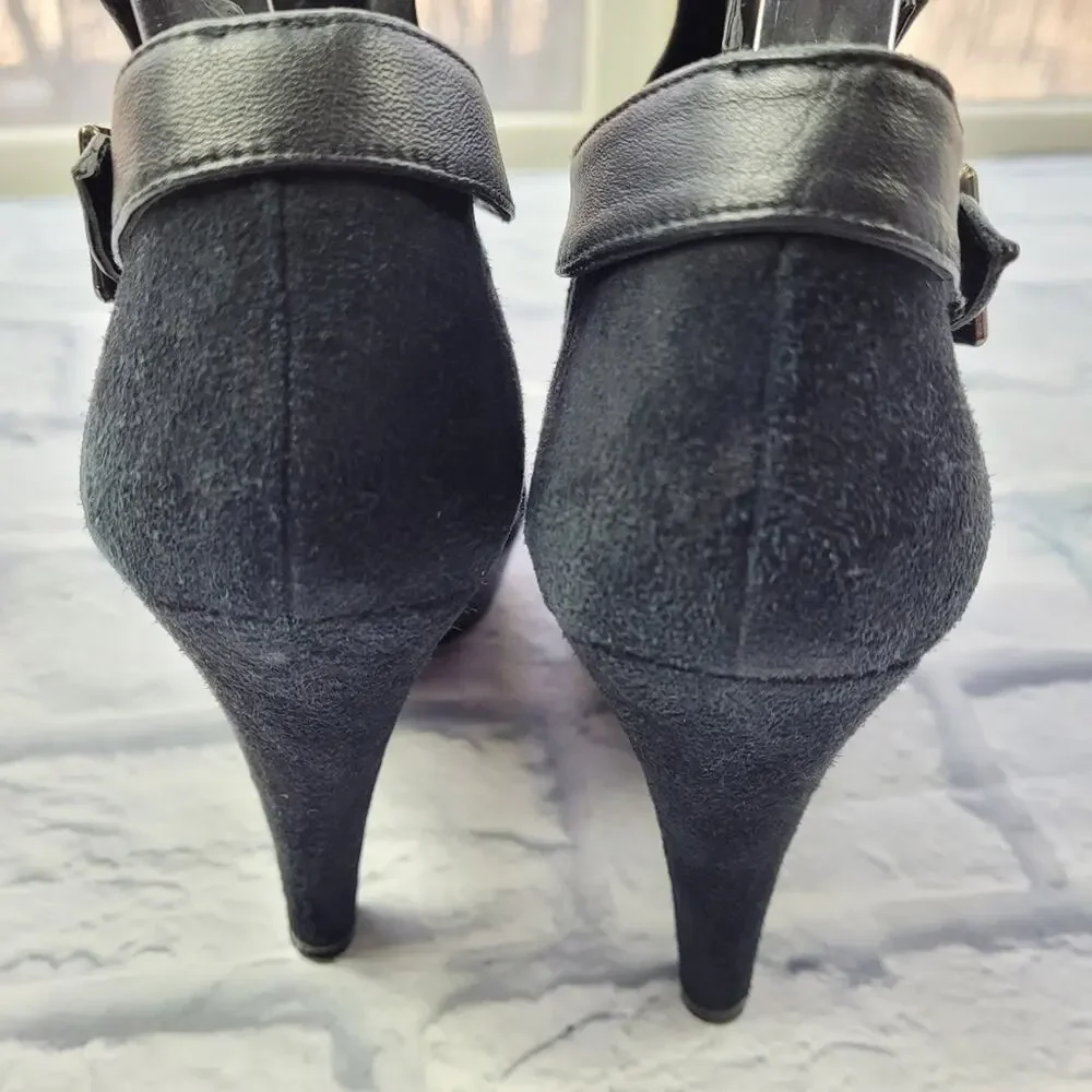 Jenni Kayne Black Suede & Leather Pleated Ankle Peep Toe Boots size 38